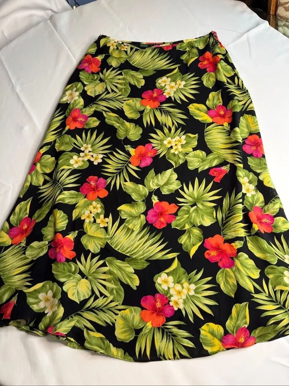 Lauren Ralph Lauren Black Tropical Floral Vintage Maxi A-Line Silk Skirt Size 14